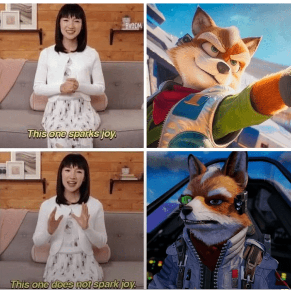 A Star Fox remake meme using the Marie Kondo format, where the top-half Fox McCloud "sparks joy" with a classic design, while the bottom-half new remake version, looking strangely realistic and wide-eyed, "does not spark joy."