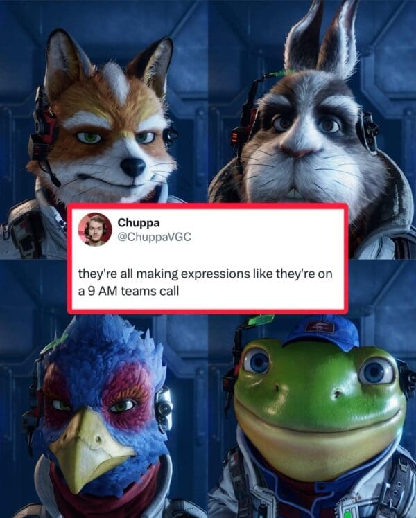 A Star Fox remake meme featuring a four-panel close-up of the new character models, paired with a tweet observing that Fox, Peppy, Falco, and Slippy all look like they are enduring a mandatory 9 AM Microsoft Teams call.