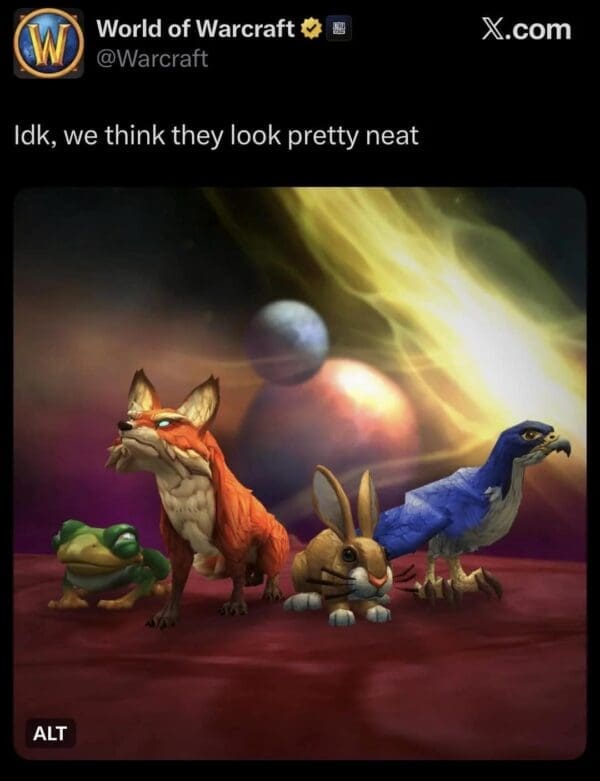 A savage Star Fox remake meme utilizing a screenshot from the official World of Warcraft account showing a group of low-poly WoW pets that look remarkably similar to the new Star Fox team, captioned "Idk, we think they look pretty neat."