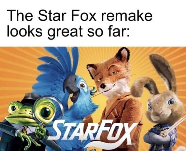 A Star Fox remake meme "leak" of the game's poster, except the team is replaced by CGI characters from other films, including Rango as Slippy and the lead from Fantastic Mr. Fox as Fox McCloud.