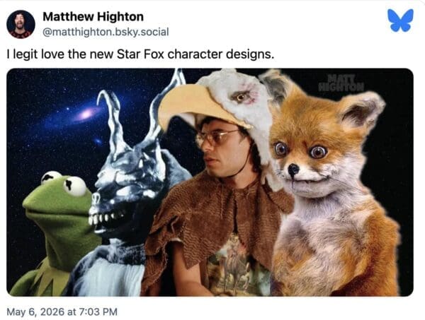 A chaotic Star Fox remake meme edit by Matthew Highton featuring a nightmarish Photoshop of Kermit the Frog, Frank the Rabbit from Donnie Darko, and the "Stoned Fox" taxidermy floating in space.