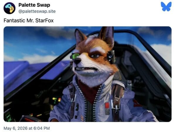 A Star Fox remake meme screenshot from Palette Swap calling the new high-def title "Fantastic Mr. StarFox," poking fun at the stop-motion puppet aesthetic of the new realistic fur.