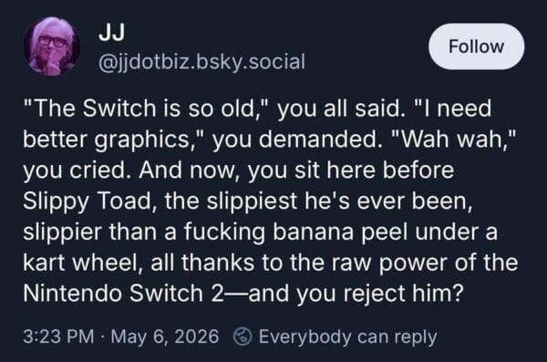 Star Fox remake meme tweet lecturing fans who demanded "better graphics" on the Switch 2, only to reject "the slippiest Slippy Toad" the second he appeared in 4K.
