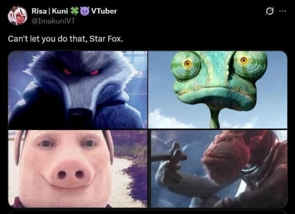 A Star Fox remake meme representing the rival Star Wolf team using viral images of Rango, the wolf from Puss in Boots, a realistic pig, and a cigar-smoking monkey.