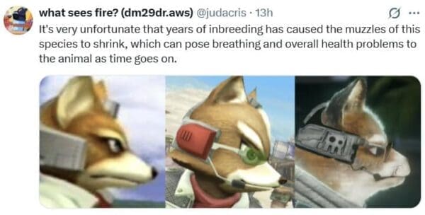 Funny Star Fox remake meme mocking Fox's redesign by comparing the shortening of his muzzle to the real world inbreeding of dogs like pugs and bulldogs.
