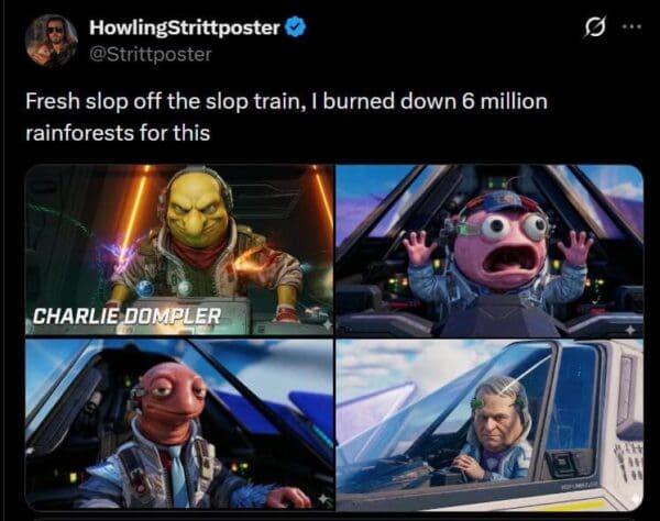 Star Fox remake meme mocking the new designs by comparing them to common AI slop in a tweet by @HowlingStrittposter