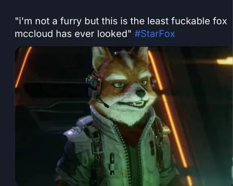 A hilarious Star Fox remake meme screenshot of a tweet stating that despite not being a furry, the user finds the new, oddly proportioned 2026 Fox McCloud design to be the "least attractive" version in franchise history.