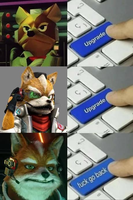 A "Keyboard Upgrade" Star Fox remake meme showing Fox McCloud’s evolution from the N64 polygons to the sleek modern Smash designs, ending with the new 2026 remake face causing the user to hit the "fuck go back" button.