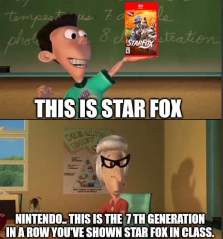 A Star Fox remake meme featuring Sheen from Jimmy Neutron showing off the "new" game to a tired Ms. Fowl, who complains that Nintendo has shown this same game in class for seven generations straight.