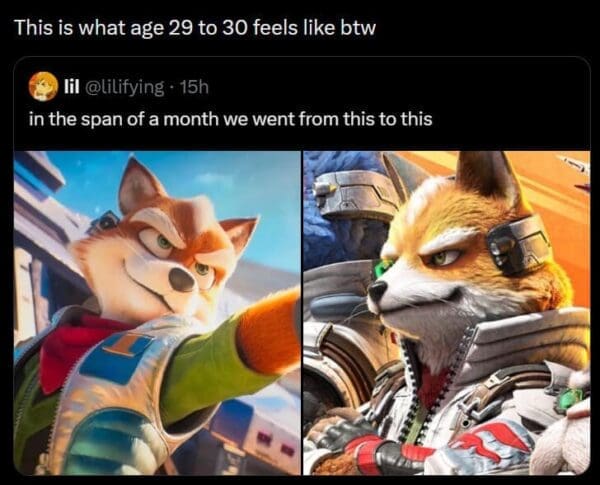 A Star Fox remake meme tweet comparing a stylized Fox to the hyper-realistic new design, captioned with the joke that the transition represents the rapid physical aging process between 29 and 30.