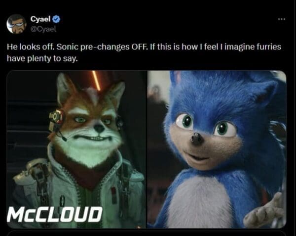 Star Fox remake meme side-by-side comparison between the new Fox McCloud and the infamous "Ugly Sonic" movie design, claiming they share the same "off" energy.