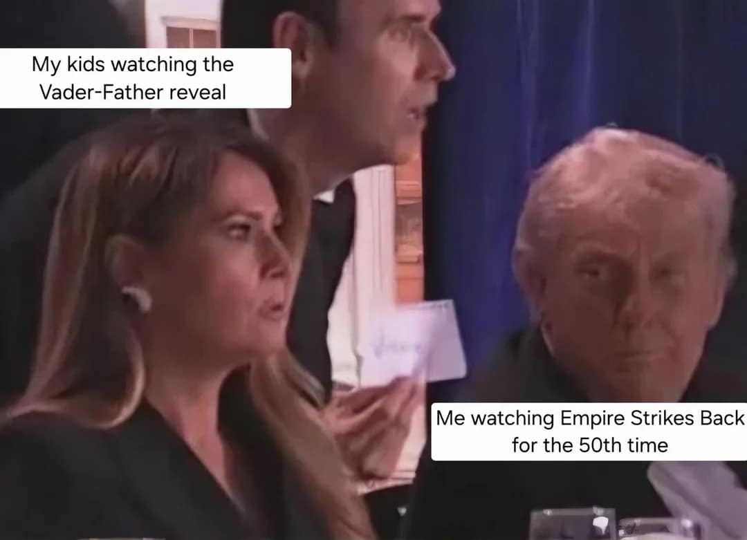 A side-by-side comparison meme showing differing reactions to the iconic Father reveal in a classic Star Wars meme. The text highlights the gap between a first-time viewer's shock and a veteran fan's stoic repetition.