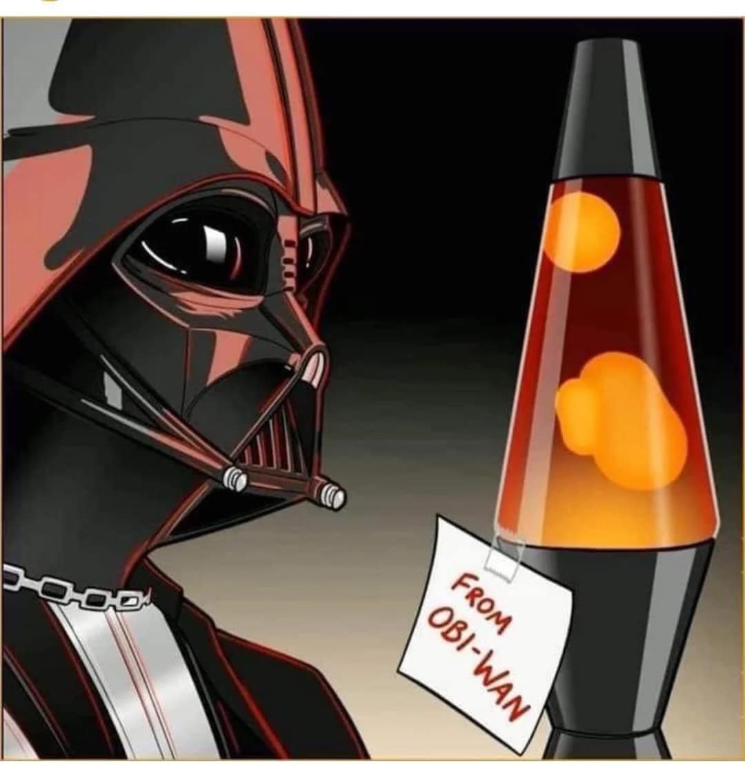 Darth Vader stares at a lava lamp with a gift tag from Obi-Wan Kenobi in this darkly comedic Star Wars meme. The image humorously references the fiery conclusion of their duel on Mustafar.