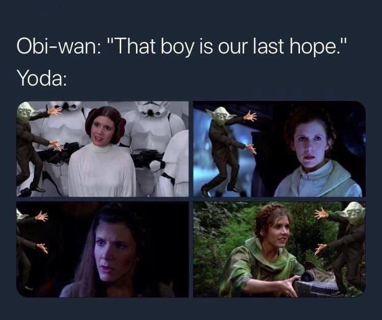 Yoda uses a tada gesture to present Princess Leia in this clever Star Wars meme about Obi-Wan's last hope.