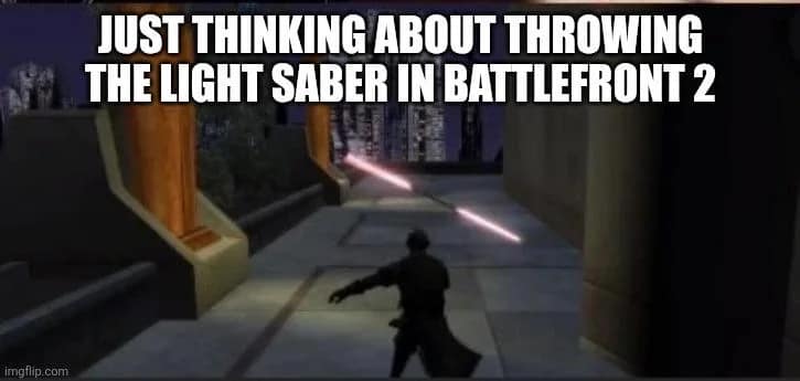 A gameplay screenshot of a lightsaber throw in Battlefront 2 captures the chaos of a high-stakes Star Wars meme.