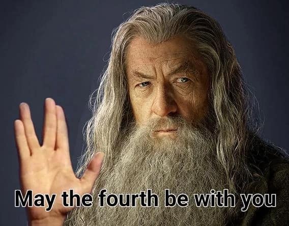 Gandalf gives a Vulcan salute in this intentionally confusing crossover for a May the 4th be with you meme.