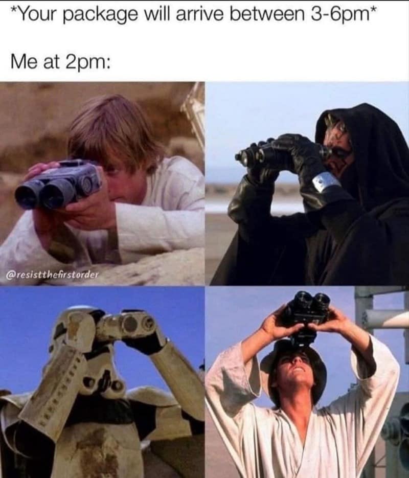 Luke Skywalker and Darth Maul look through binoculars to illustrate waiting for a package in this Star Wars meme.