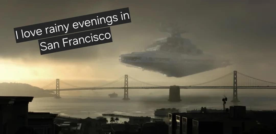 An atmospheric shot of a Star Destroyer hovering above the Golden Gate Bridge in foggy weather makes for a perfect May the 4th be with you meme. The juxtaposition blends sci-fi invasion vibes with a typical rainy San Francisco evening.