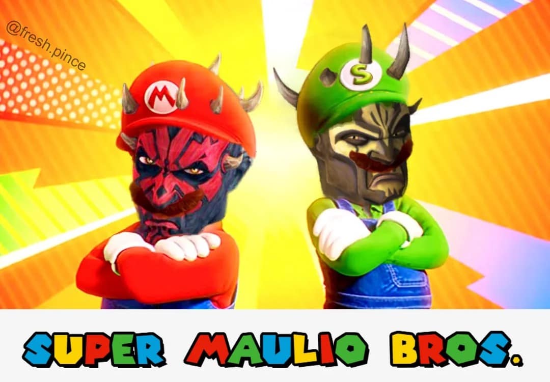 Mario and Luigi are reimagined as Sith Lords Darth Maul and Savage Opress in this crossover Star Wars meme. The stylized text below the horned Nintendo characters reads Super Maulio Bros.