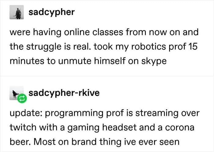 A text-based student meme comparing two types of professors: the robotics prof who takes 15 minutes to unmute on Skype, and the programming prof who Twitch-streams with a gaming headset and a beer.