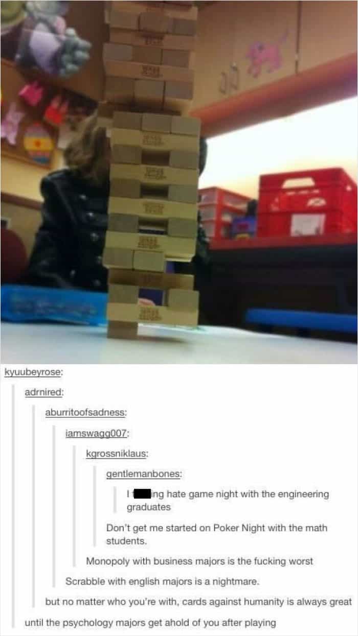 A text-heavy student meme listing the worst majors to play board games with, including Engineering graduates at Jenga, Math students at Poker, and Psychology majors at Cards Against Humanity.