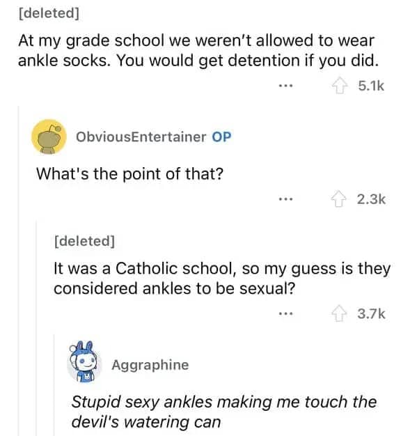 Thread discussing a Catholic school rule banning ankle socks due to ankles being considered sexual.