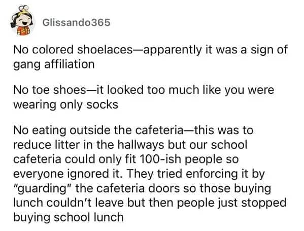 List of weird school rules including bans on colored shoelaces, toe shoes, and hallway eating.