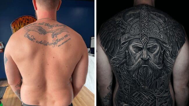 Before and after tattoo coverup showing script text covered by a giant viking warrior backpiece.