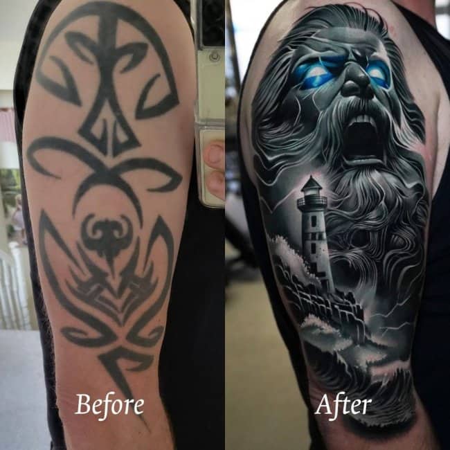 Before and after of a thick black tribal sleeve covered by Poseidon screaming near a lighthouse.