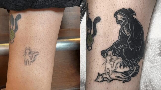Tiny faint cat tattoo covered up by a grim reaper summoning a ghost cat illustration.