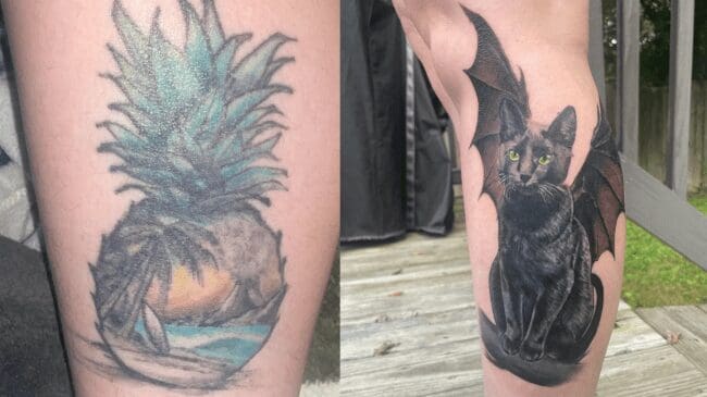 Faded pineapple tattoo covered up by a highly realistic black cat with bat wings.