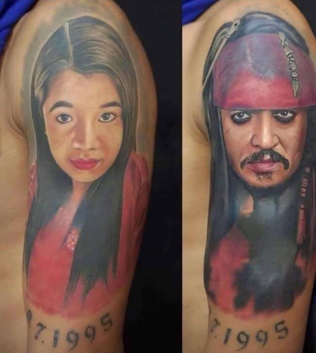 Poorly executed woman portrait tattoo covered up with a dark Jack Sparrow portrait.