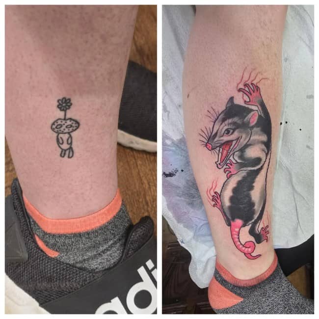 Small simple outline tattoo covered up by a hyper-vibrant roaring opossum on a calf.