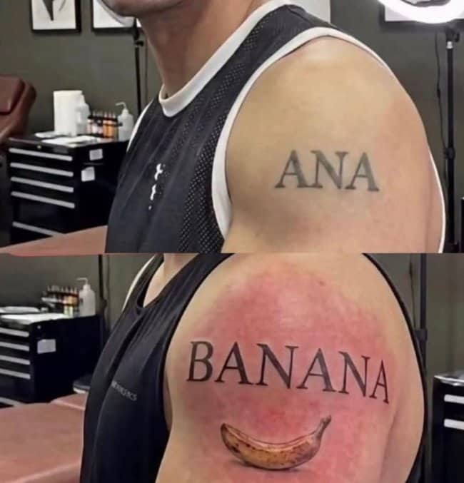 Bold name tattoo saying Ana covered up with the word Banana and a fruit illustration.