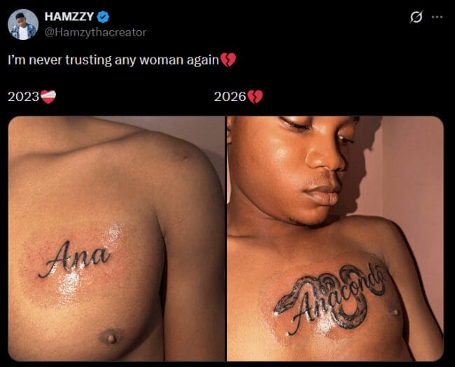 Twitter post showing a chest tattoo of the name Ana covered up by a giant snake to spell Anaconda.