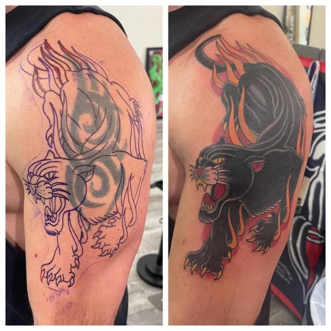 Faded blue tribal shoulder tattoo covered up with a traditional black panther on fire.