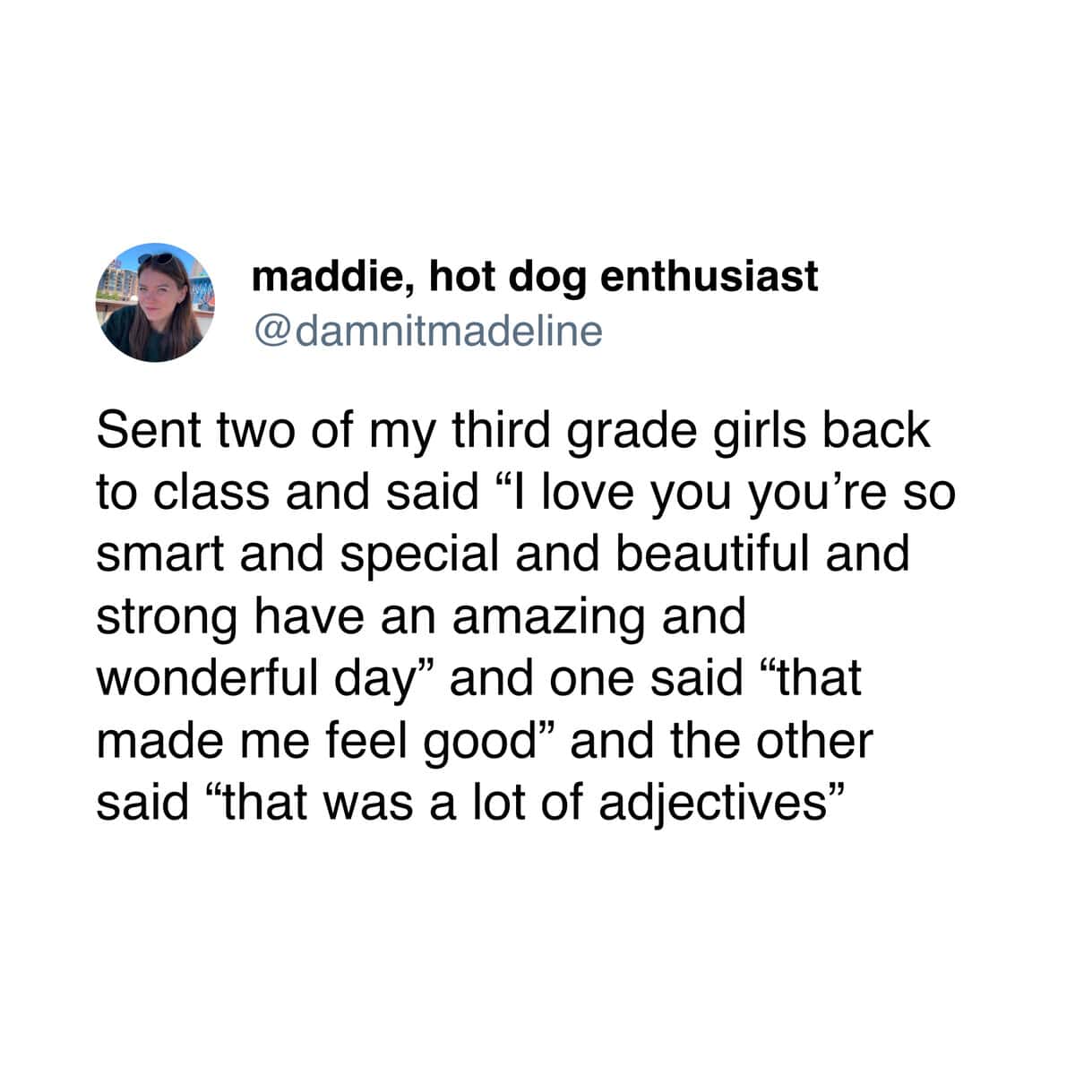 A funny teacher meme tweet where a student’s only takeaway from a teacher's heartfelt praise is that she used "a lot of adjectives."