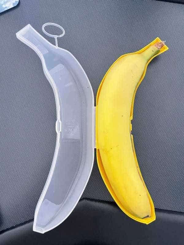 A perfectly curved fresh banana sitting snugly inside a bright yellow plastic banana protector case.