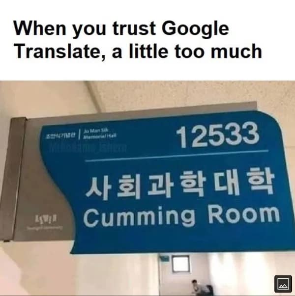 A directory sign inside an academic building showcases a legendary machine-learning translation fail that rebrands a standard college division room into a bold sign labeled "Cumming Room."