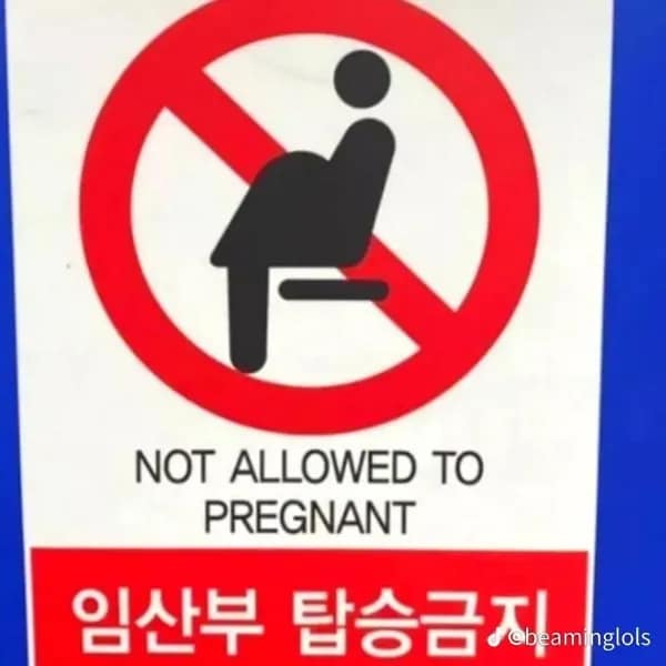 A regulatory public transit sign featuring a pictogram of a pregnant person with a red strike-through circle delivers a hilarious translation fail stating "NOT ALLOWED TO PREGNANT" beneath the corresponding Korean text.