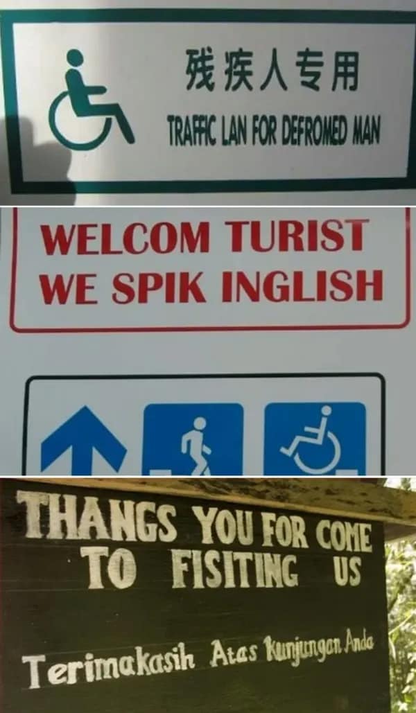 A multi-panel image compilation bundles iconic spelling disasters, including a sign reading "WELCOM TURIST WE SPIK INGLISH" and an accessible parking notice labeled as a "TRAFFIC LAN FOR DEFROMED MAN," forming a definitive anthology of english fail moments.