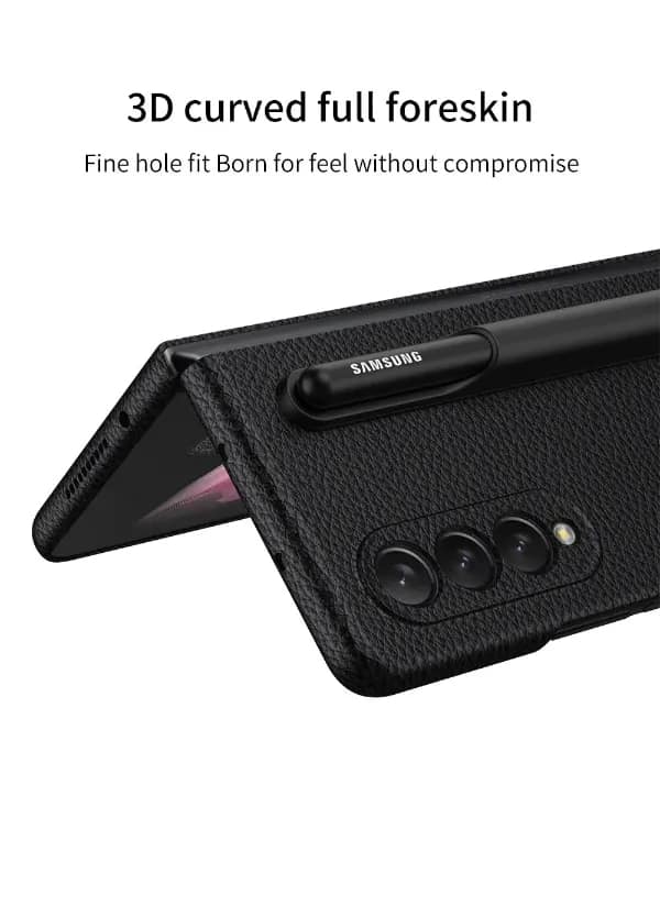A product marketing rendering for a leather folding smartphone case showcases a shockingly inappropriate literal dictionary translation fail titling the textured material as a "3D curved full foreskin."