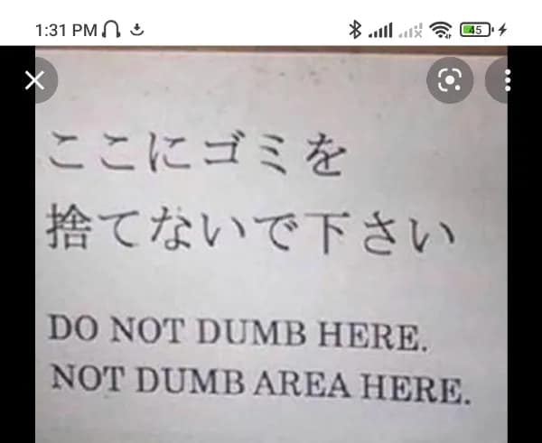 A Japanese anti-littering notice transforms into a funny english fail when the characters for discarding garbage are mistranslated as, "DO NOT DUMB HERE. NOT DUMB AREA HERE."