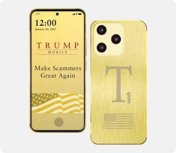gold-plated smartphone concept render showcases a custom screen interface emblazoned with a stylized American flag and the satirical slogan "Make Scammers Great Again," exemplifying the core aesthetic of the Trump gold phone meme.