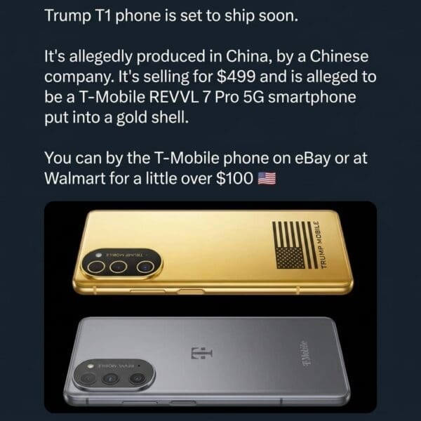 A spec-sheet comparison graphic fuels the trending Trump phone meme, alleging that the premium gold hardware is functionally a budget-tier T-Mobile REVVL 7 Pro 5G smartphone wrapped inside a custom gold shell.