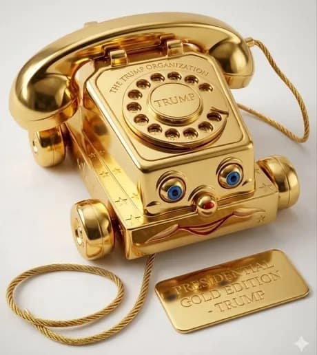 A reflective, fully gold toy rotary phone styled after a classic toddler chatter telephone sits on a white surface, parodying a premium presidential product drop.
