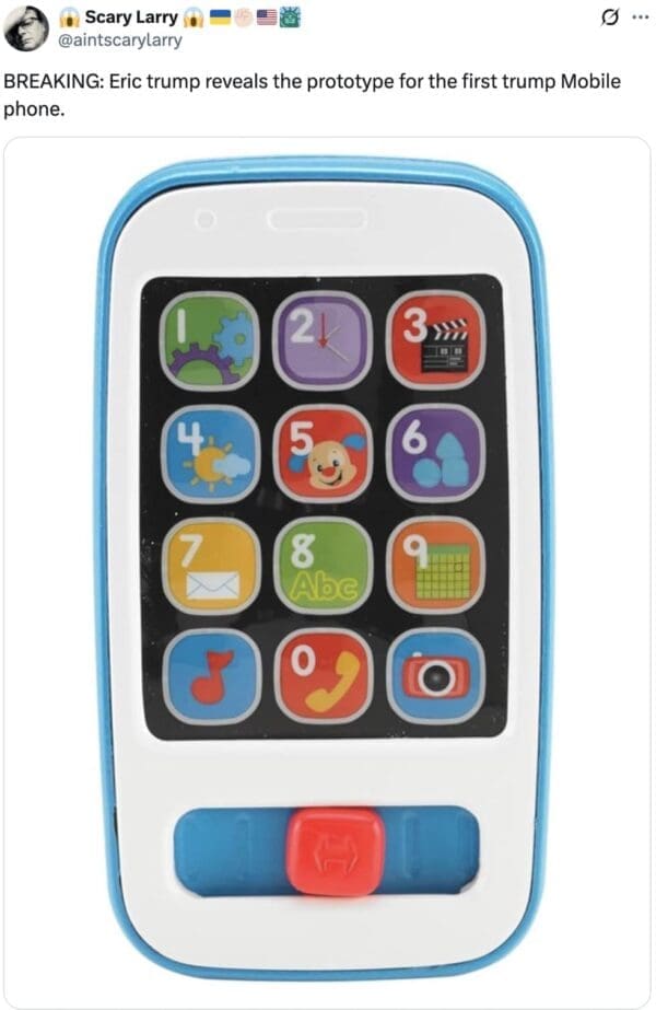 A colorful, plastic toy telephone designed for infants is featured in a satirical breaking news tweet poking fun at a supposed hardware prototype release.