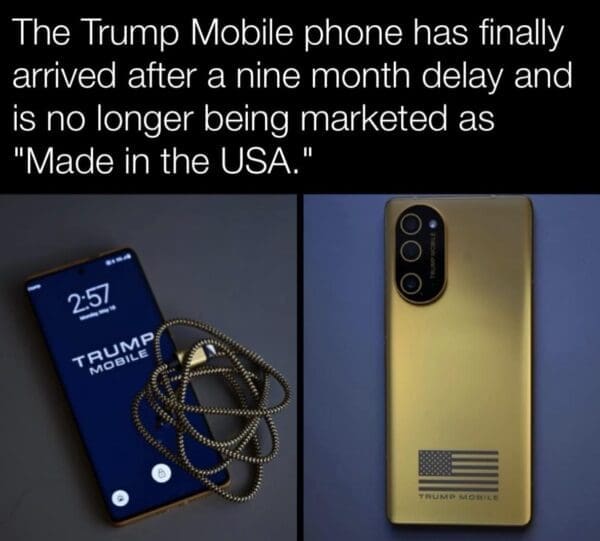Close-up product shots track the physical hardware reality of a smartphone displaying a dark blue boot interface alongside an engraved gold backing plate that dropped its original "Made in the USA" marketing label.