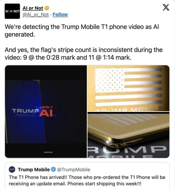 Forensic verification screenshots from an automated detection account highlight shifting flag stripe counts and visual inconsistencies, exposing an official promotional video as an artificial intelligence generation.
