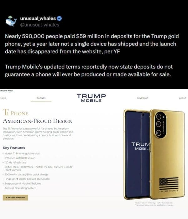 A detailed financial update from Unusual Whales details a massive tech pre-order narrative, noting that roughly 590,000 customers paid deposits for a luxury device whose terms specify production is not legally guaranteed.